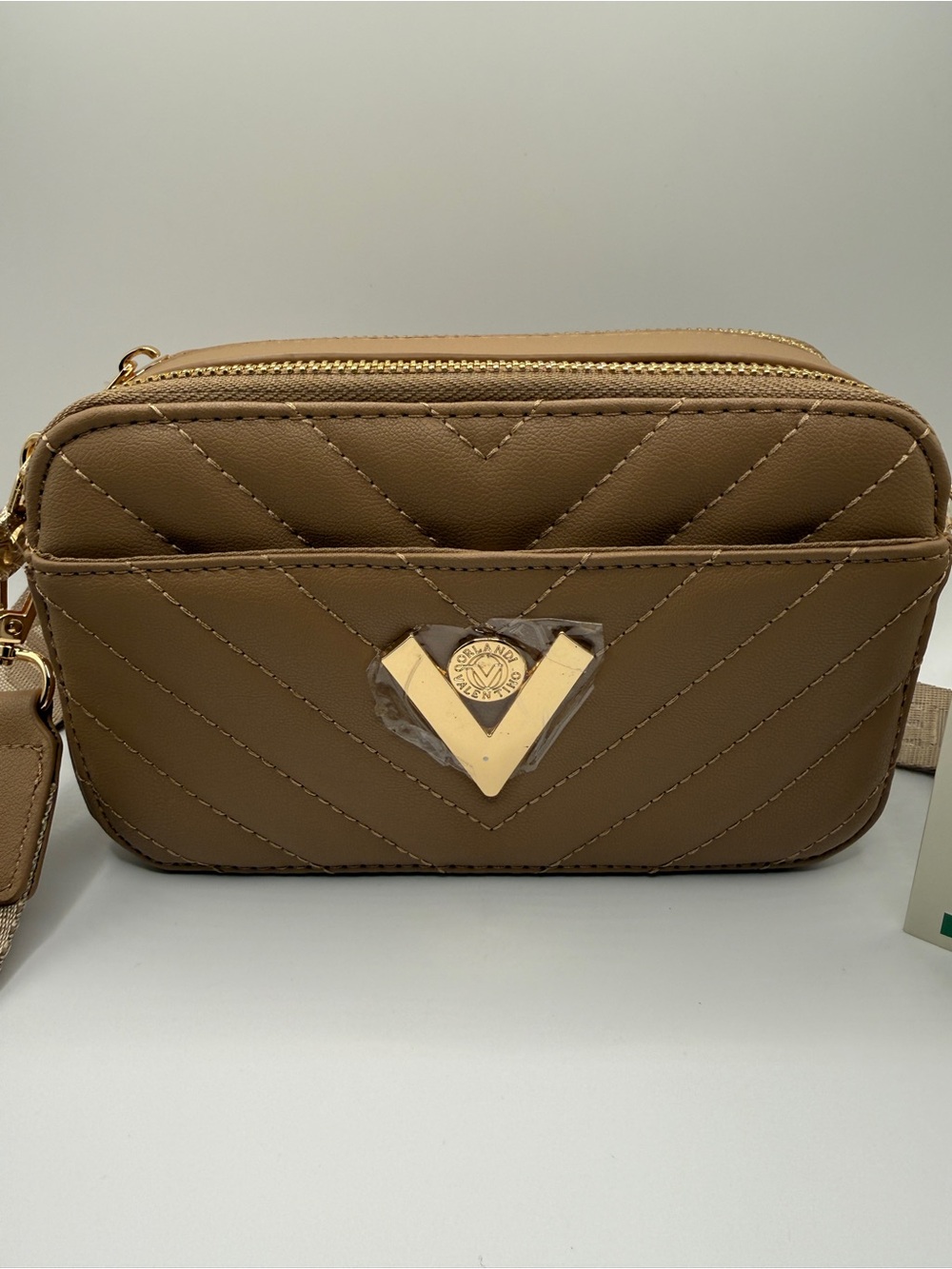 Valentino Orlandi Quilted Crossbody Bag in Camel Brown with Gold V Emblem